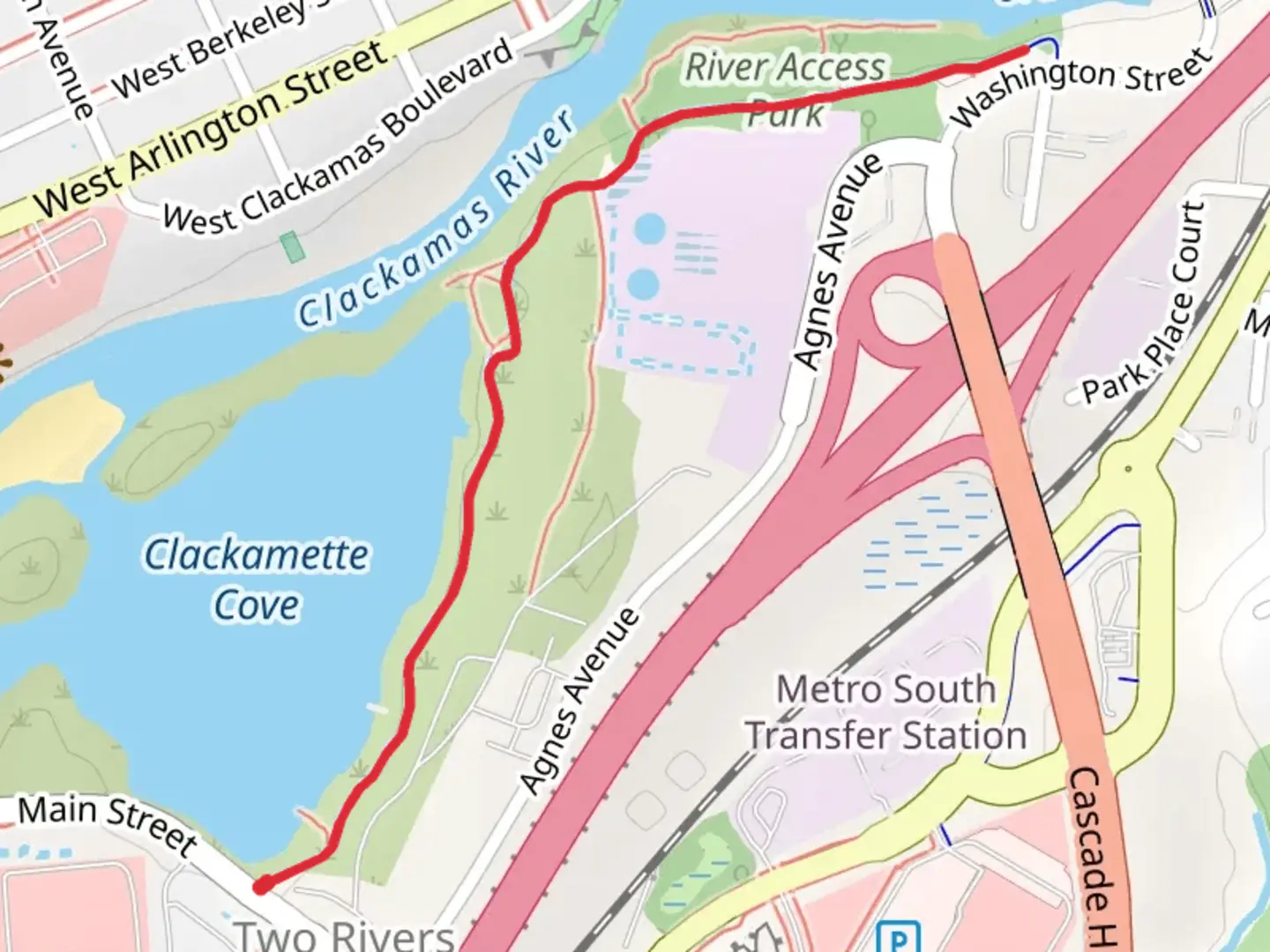 An image depicting the trail Clackamas River Greenway Trail and its surrounding area.