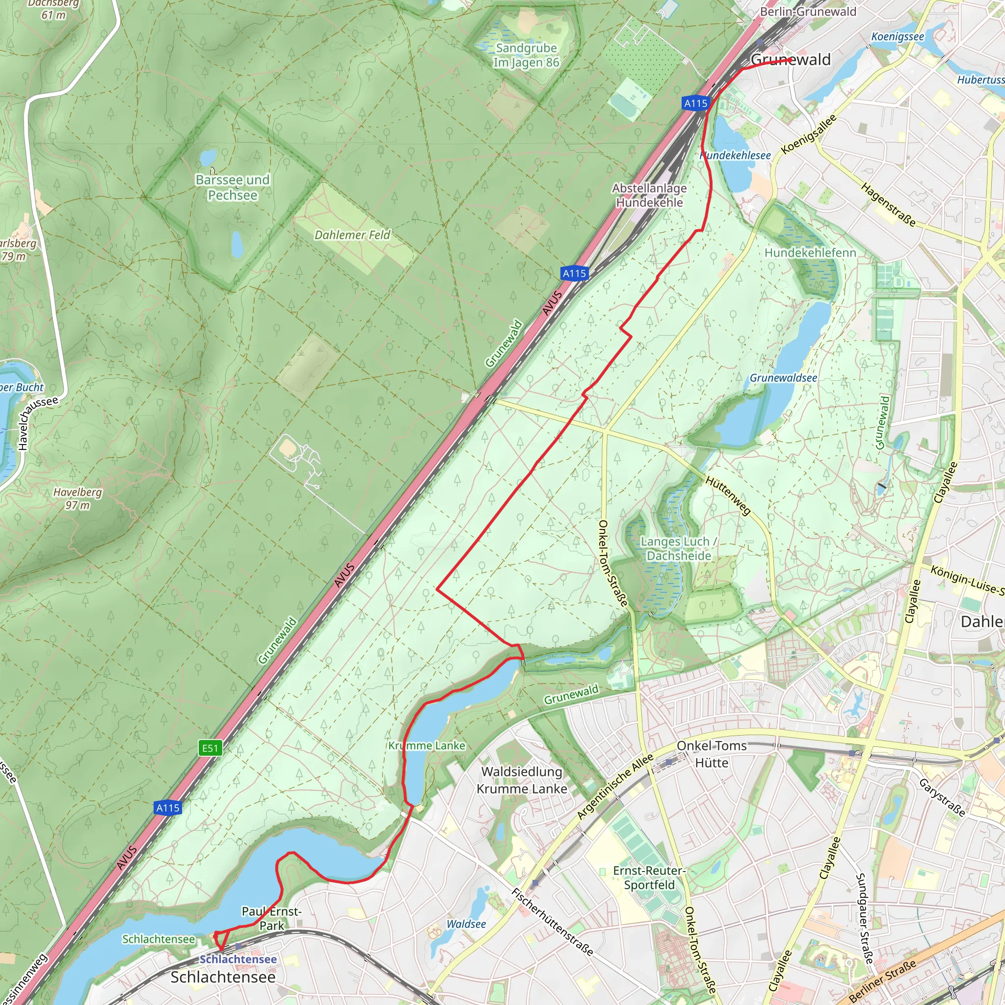 Schlachtensee to Grunewald via Krumme Lanke mobile static map
