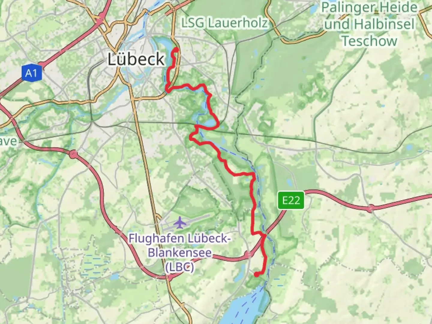 An image depicting the trail Grober Ratzeburger See to Sankt Gertrud Walk via Wakenitz and its surrounding area.