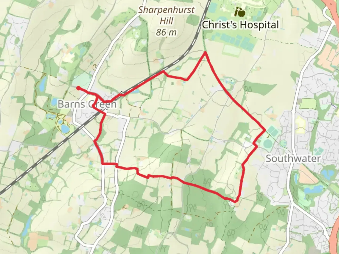 An image depicting the trail Barns Green Loop and its surrounding area.