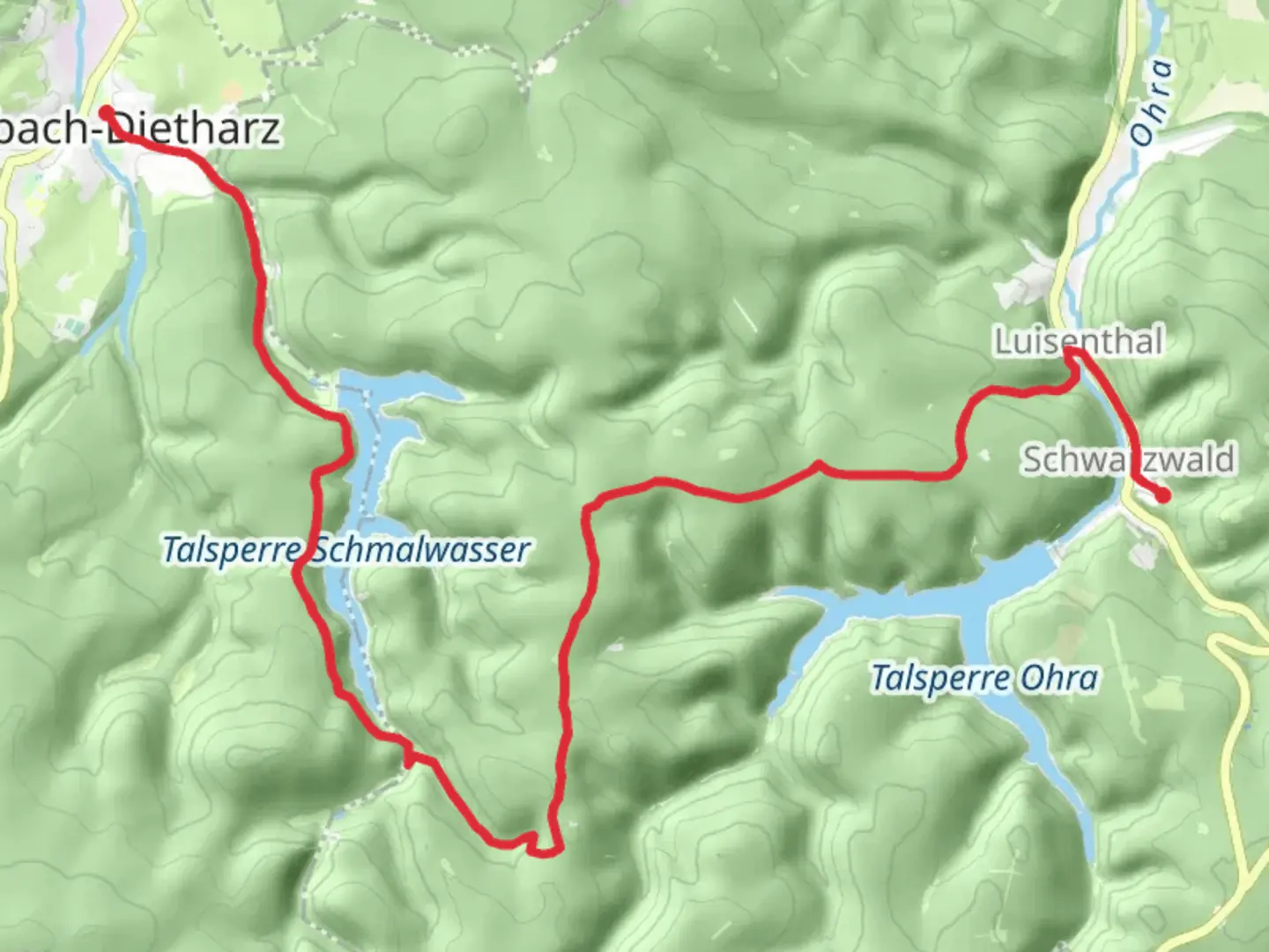 An image depicting the trail Tambach Dietharz to Burg Schwarzwald Walk via Talsperre Schmalwasser and its surrounding area.