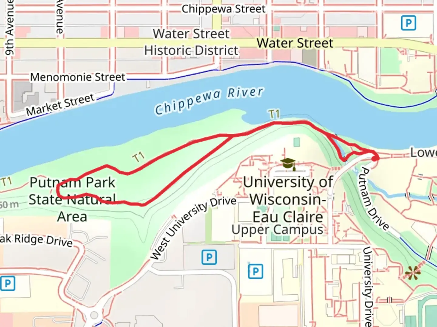An image depicting the trail Putnam Loop Trail from Garfield Avenue and its surrounding area.