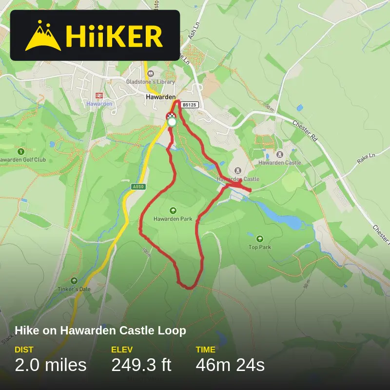 A map preview of the recording Hike on Hawarden Castle Loop.