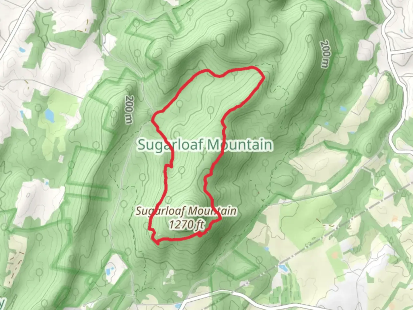 An image depicting the trail Sugarloaf Mountain Loop via Northern Peaks Trail and Saddleback Horse Trail and its surrounding area.