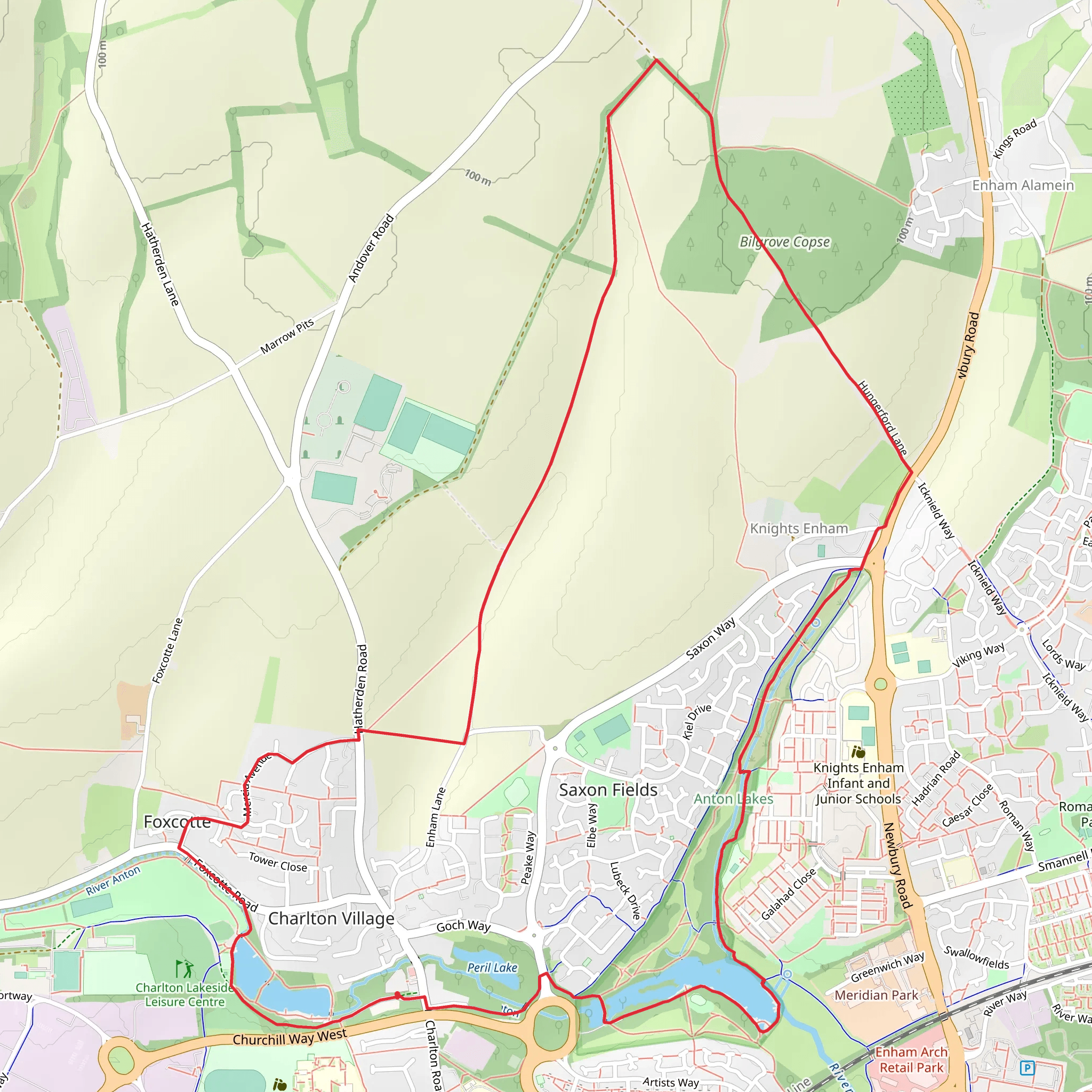 Knights Enham Loop via Peril Lake mobile static map