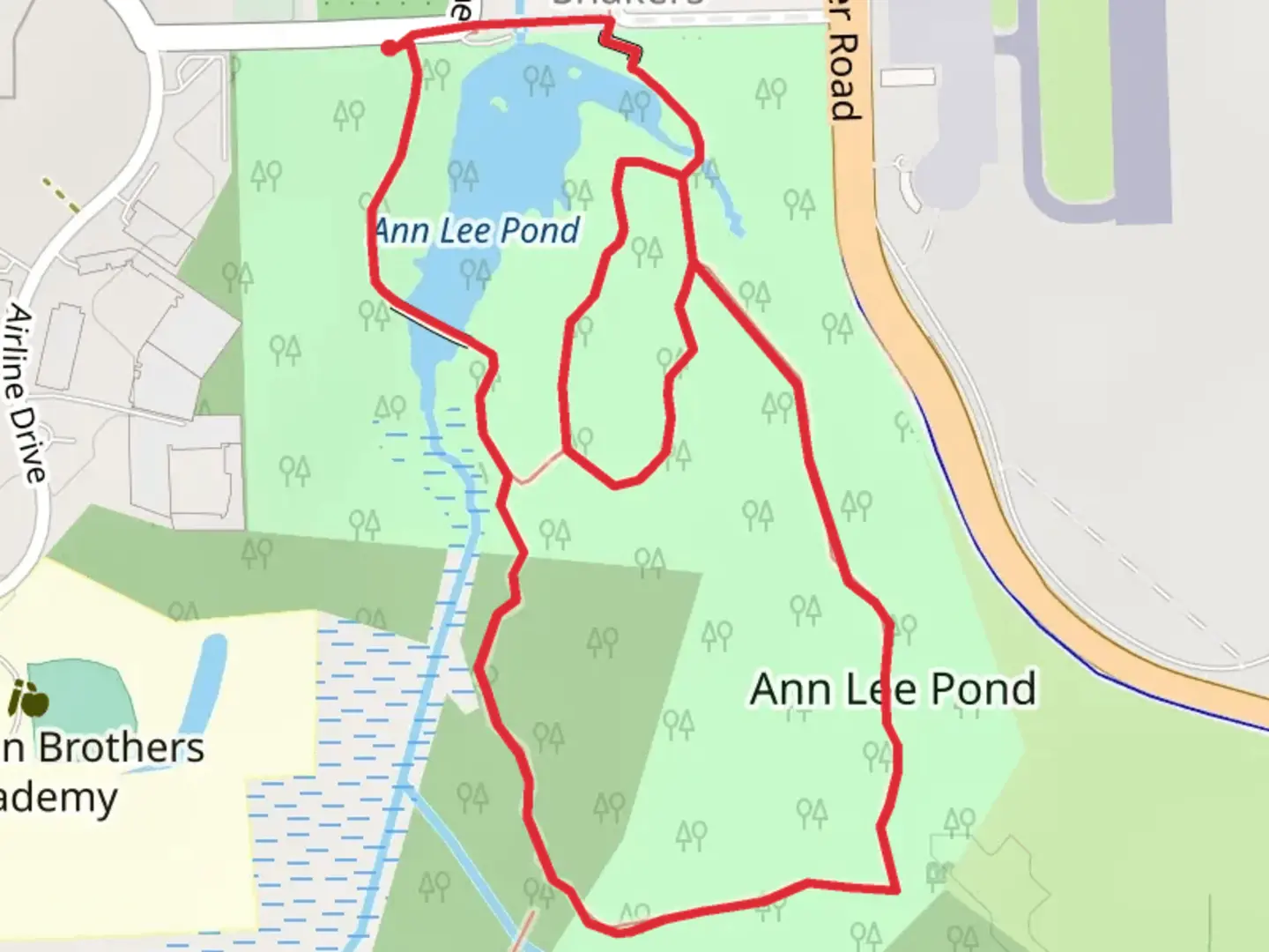 An image depicting the trail Ann Lee Pond and Shakers Creek Loop and its surrounding area.