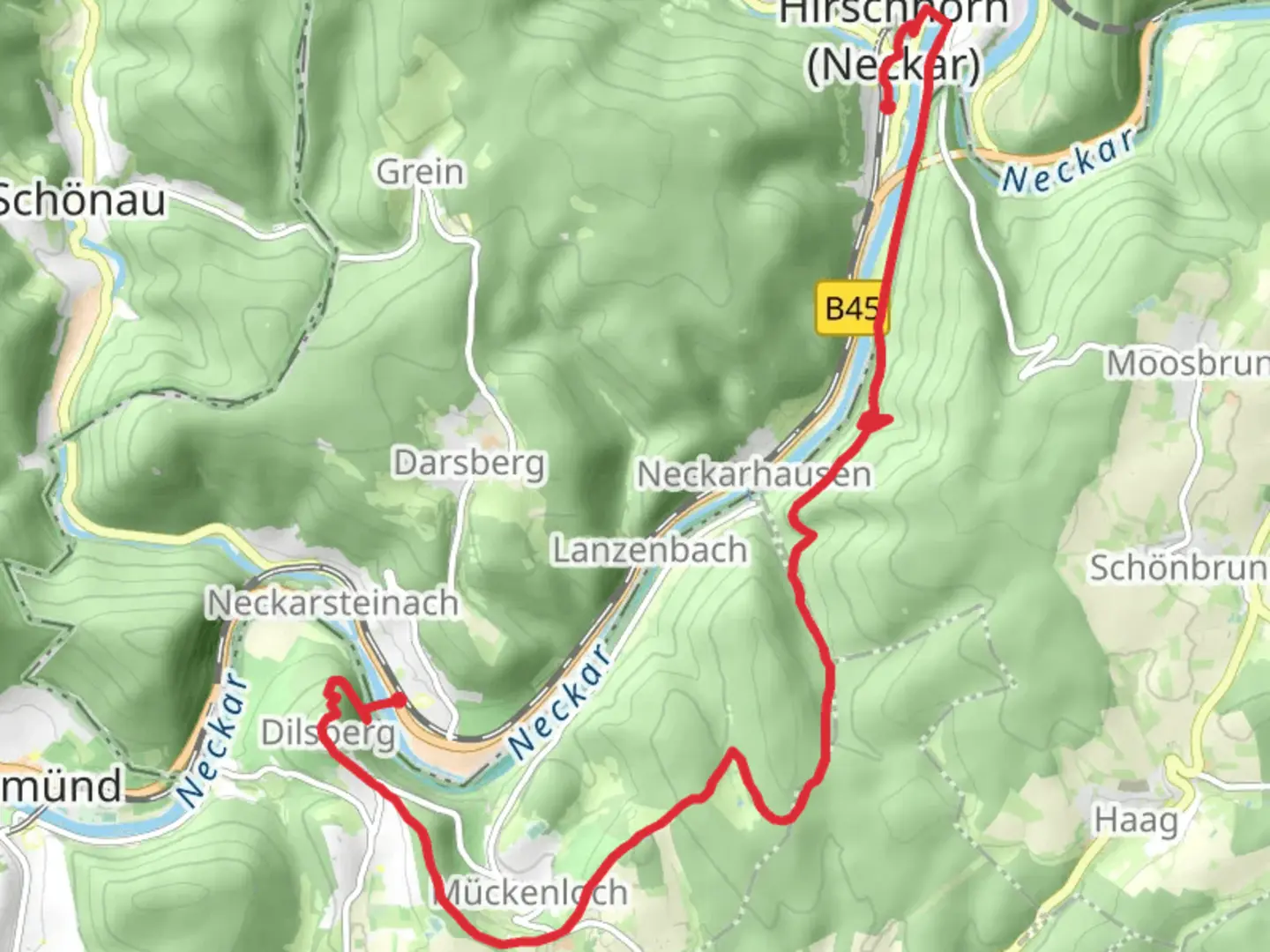An image depicting the trail Neckarsteinach to Hirschhorn Walk and its surrounding area.