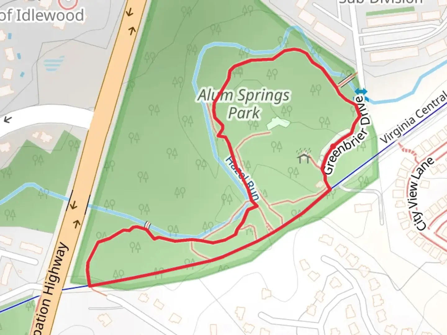 An image depicting the trail Hazel Run and Virginia Central Railway Loop Trail and its surrounding area.