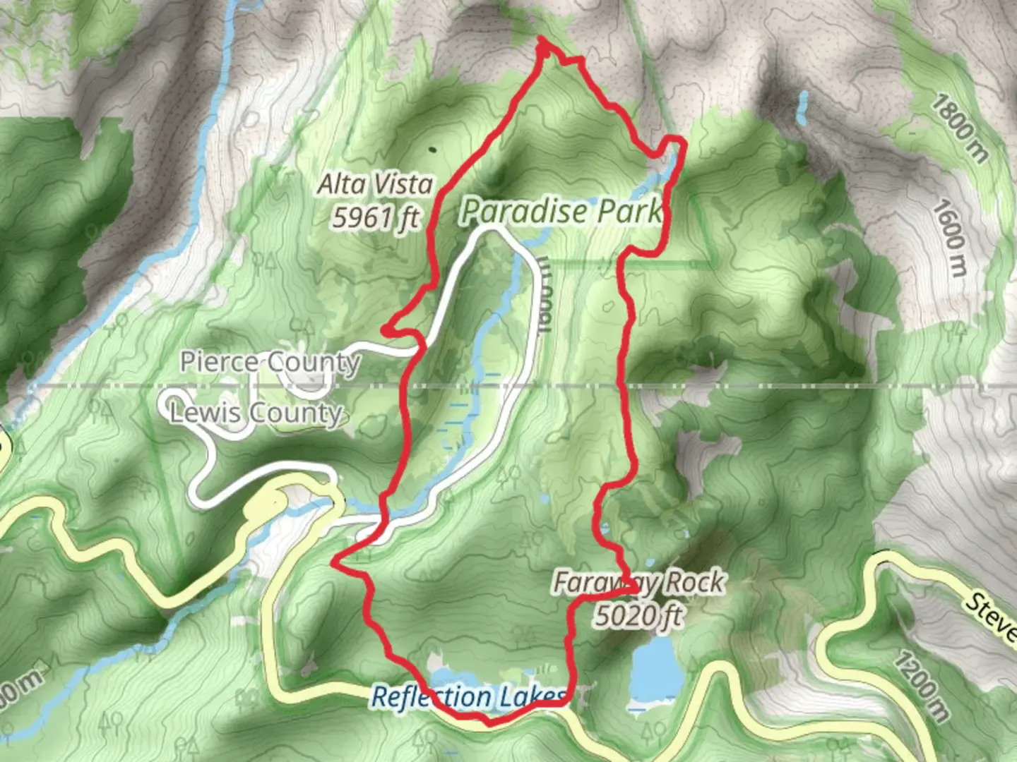 An image depicting the trail Skyline Trail and Mazama Ridge Trail and its surrounding area.