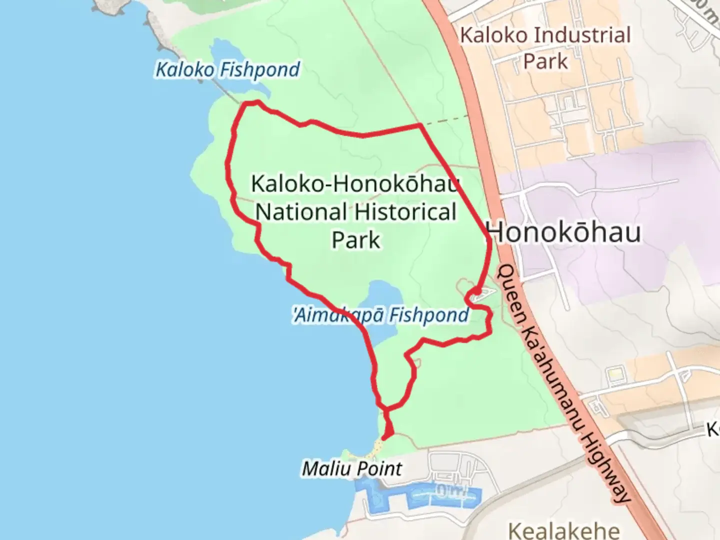 An image depicting the trail Ala Mauka Makai, Ala Kahakai National Historic Trail and 'Aimakapā Fishpond Loop and its surrounding area.