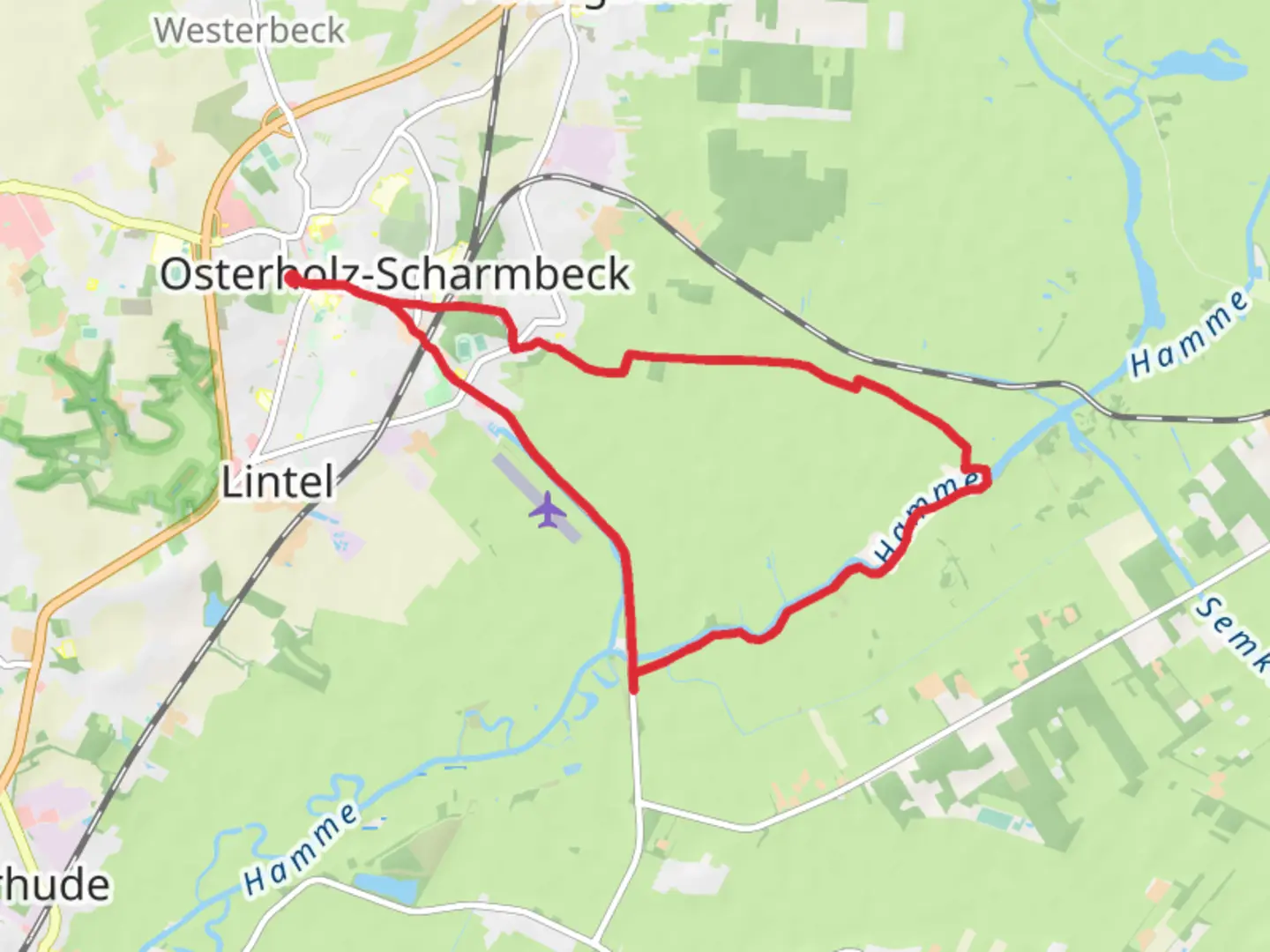 An image depicting the trail Osterholzer Straße via River Hamme and its surrounding area.