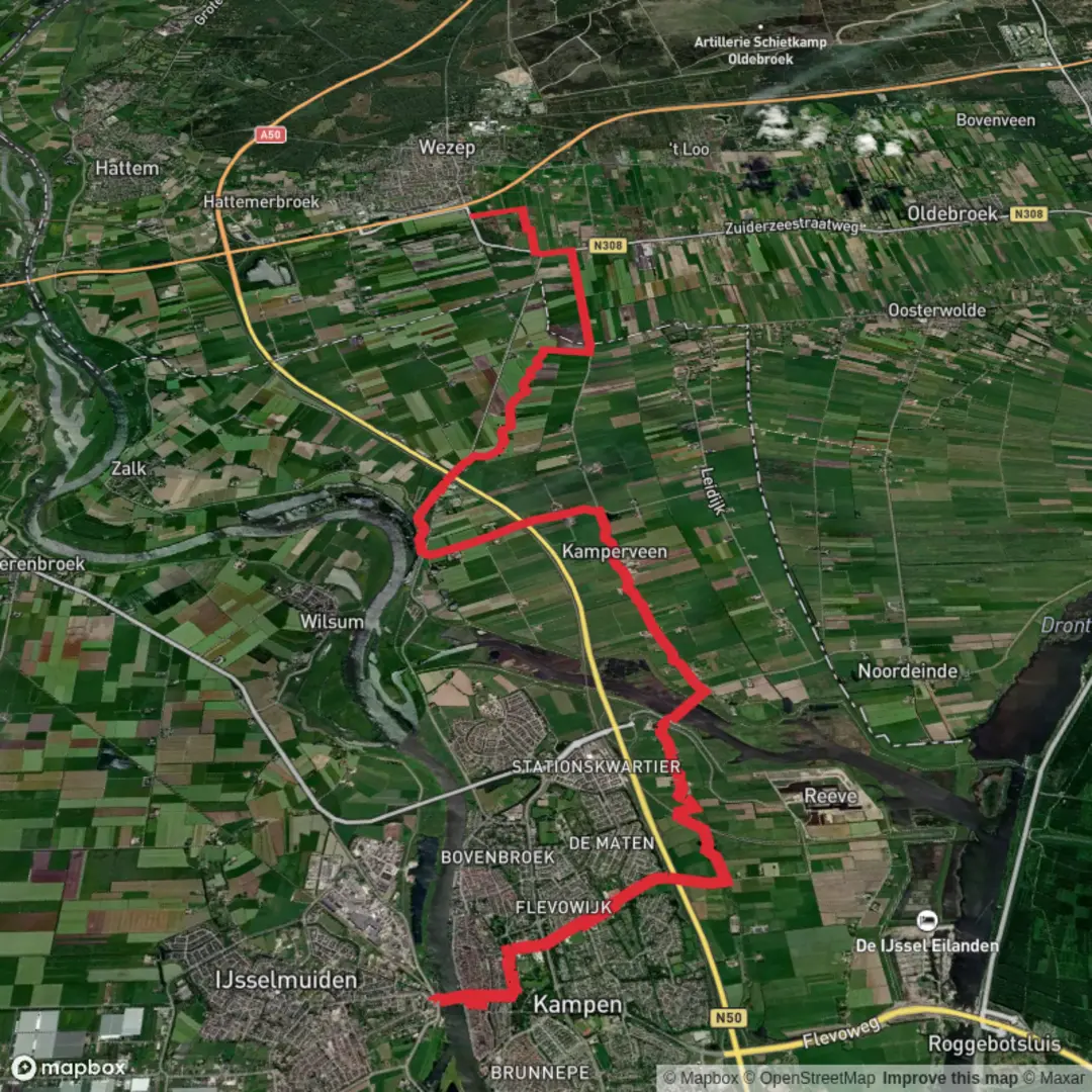 An image depicting the trail Kampen to Ijsselvlliedt via Reevediep, Pol Weg and Zuiderzeestraat Weg and its surrounding area.