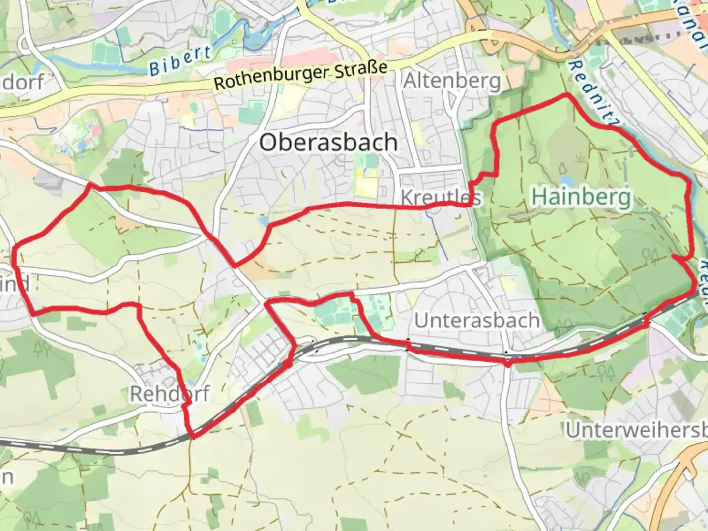 An image depicting the trail Rednitz via Oberasbacher Rundweg and its surrounding area.