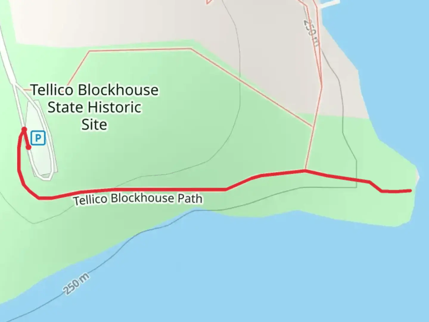 An image depicting the trail Tellico Blockhouse Path and its surrounding area.