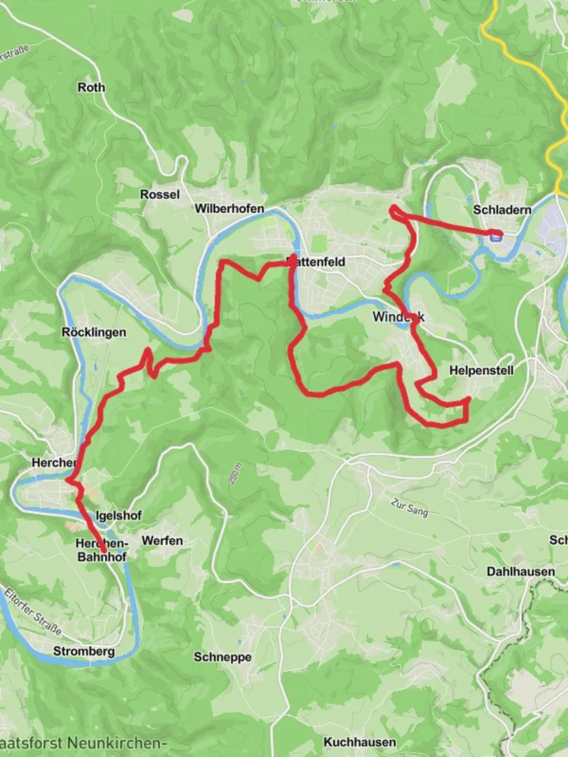 An image depicting the trail Herchen to Schladern Walk via Sieg and its surrounding area.