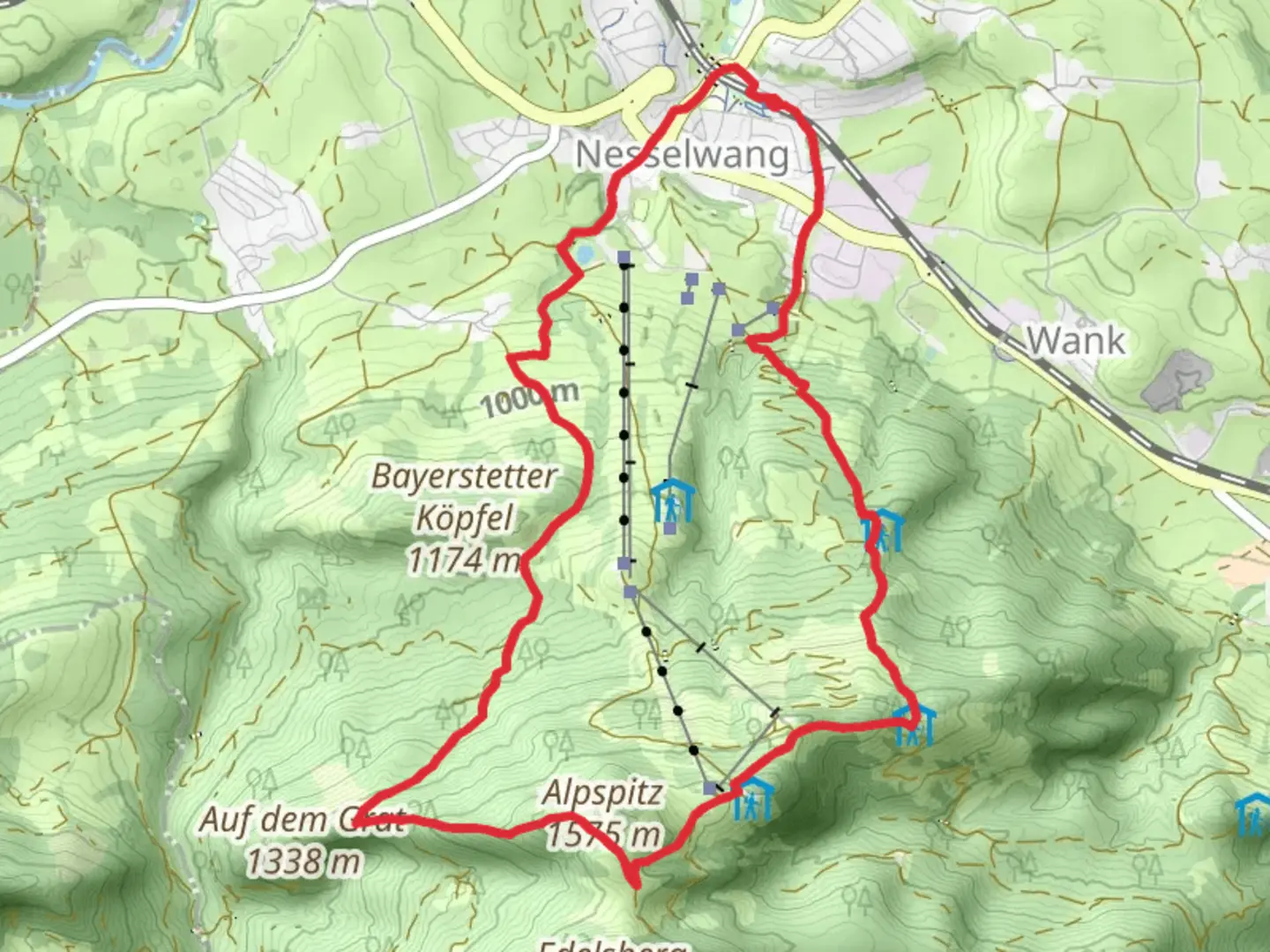 An image depicting the trail Nesselwang, Gipfelkreuz mit Blick auf Königsschlösser and Alpspitz Loop and its surrounding area.