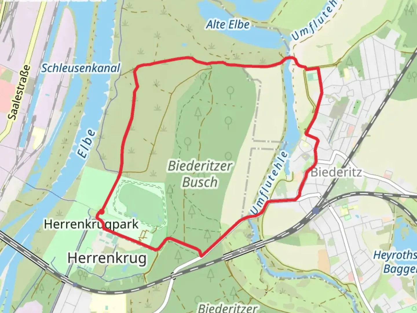 An image depicting the trail Umflutehle via Rund um Magdeburg and its surrounding area.