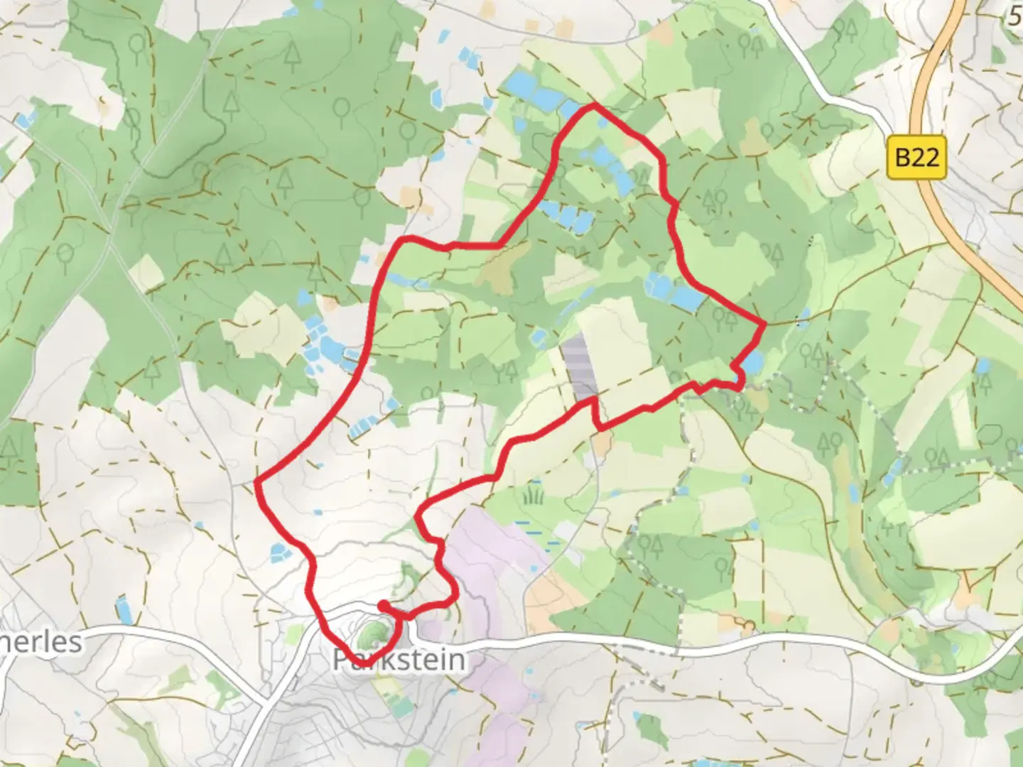 An image depicting the trail Parkstein Ringweg 1 and 2 and its surrounding area.