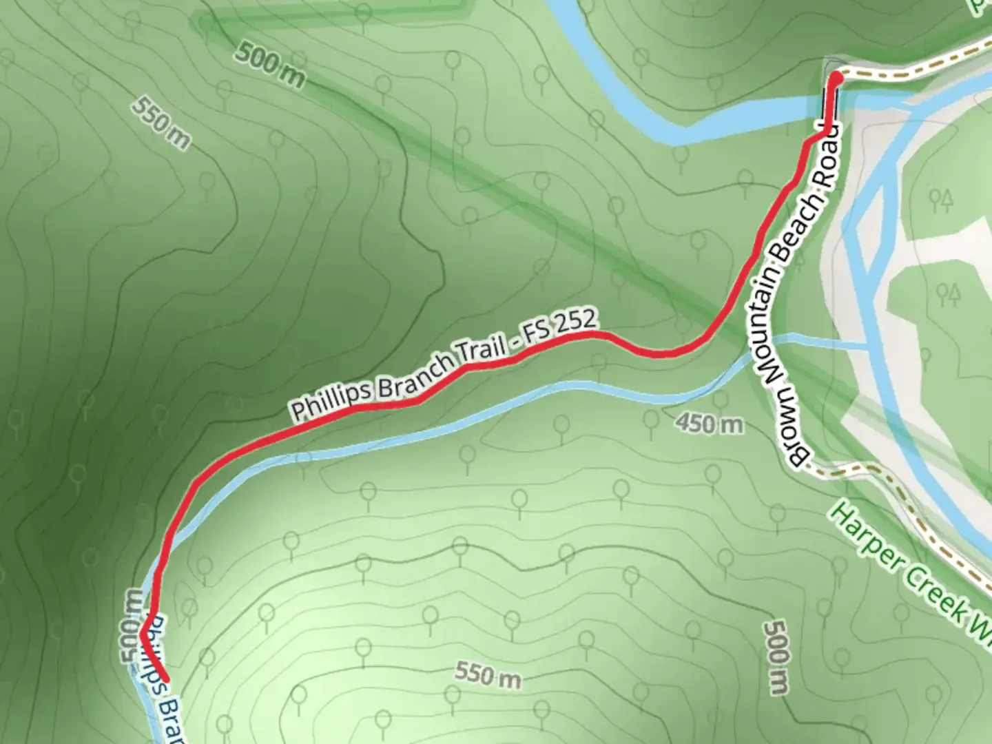 An image depicting the trail Phillips Branch Falls and its surrounding area.