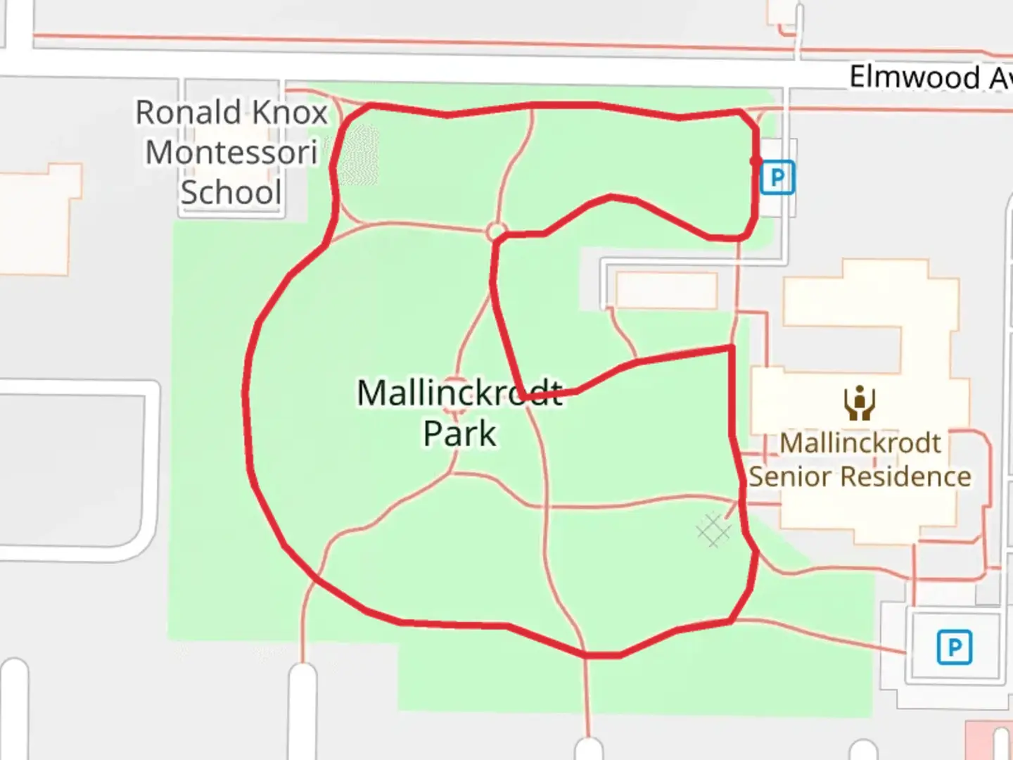 An image depicting the trail Mallinckrodt Park Loop and its surrounding area.