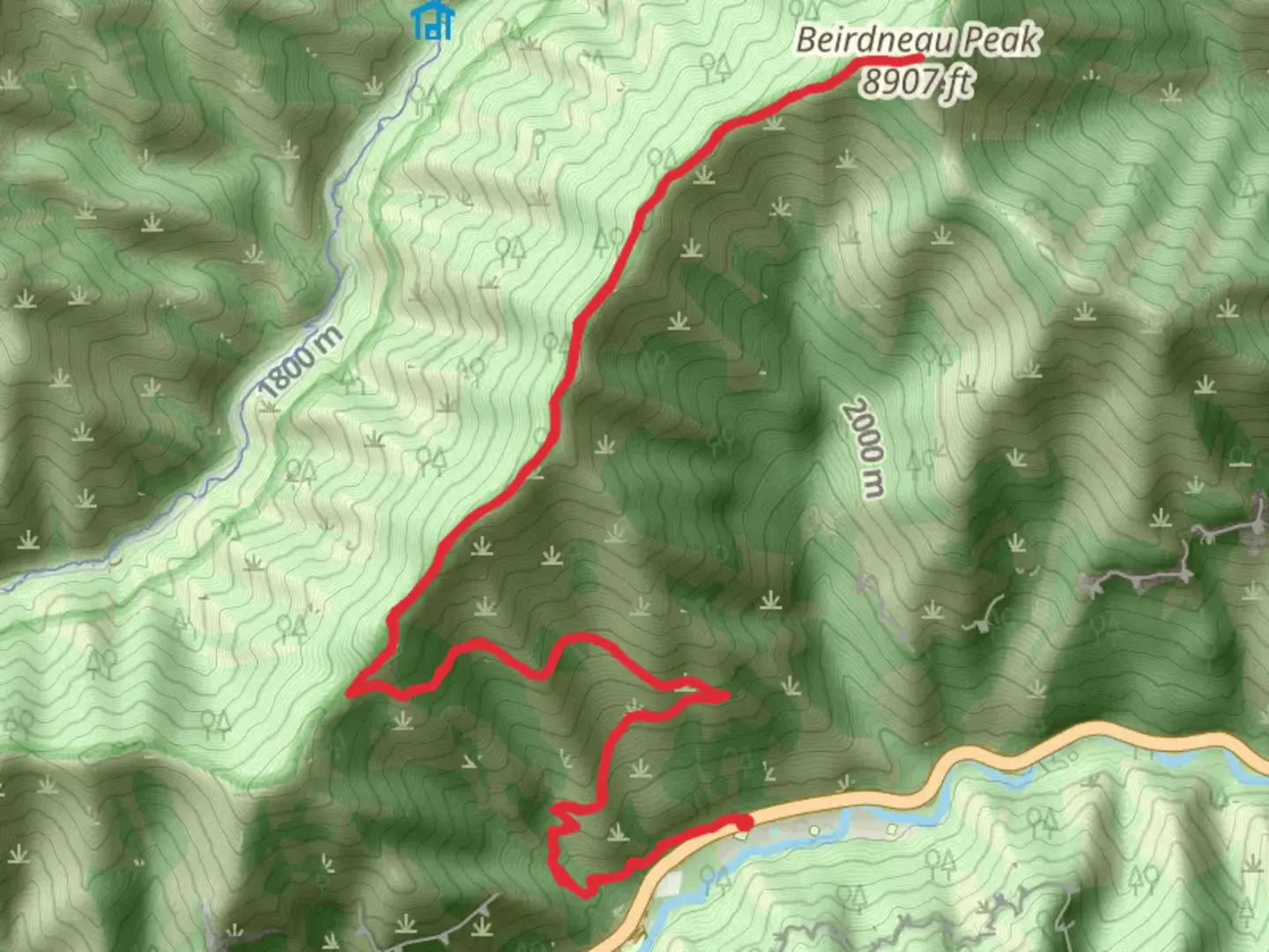 An image depicting the trail Beirdneau Peak Trail and Wind Cave Way Trail and its surrounding area.