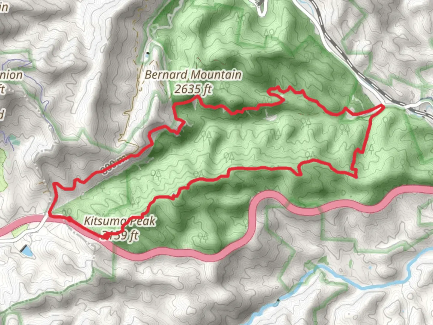 An image depicting the trail Kitsuma-Youngs Ridge Trail and Fonta Flora Trail and its surrounding area.