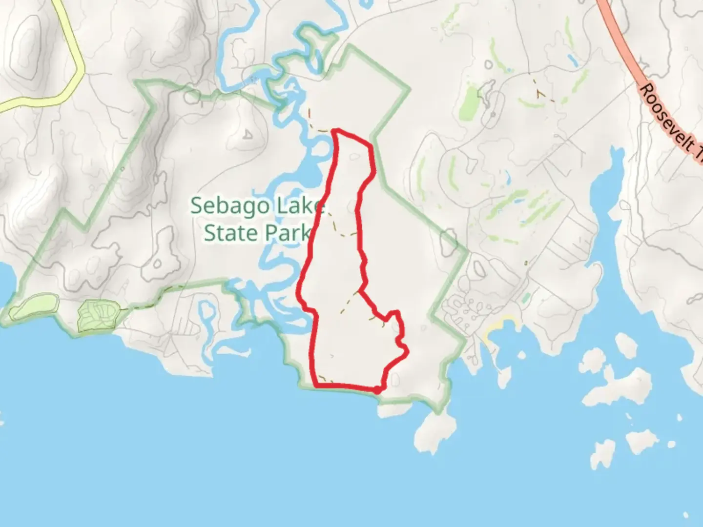 An image depicting the trail Songo River - Park ASccess Road and its surrounding area.