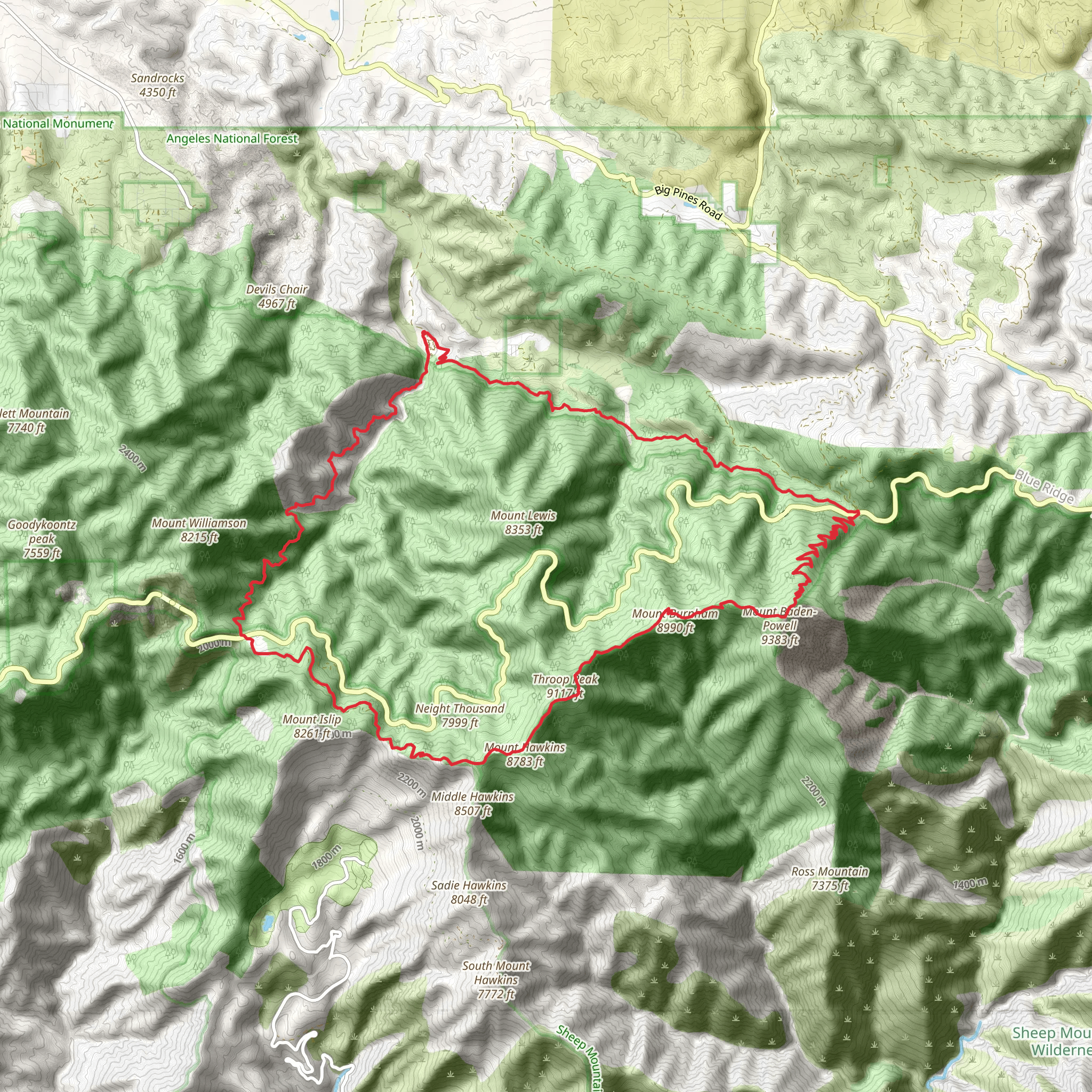 Manzanita, Vincent Gap, Pacific Crest and South Fork Loop Trail mobile static map