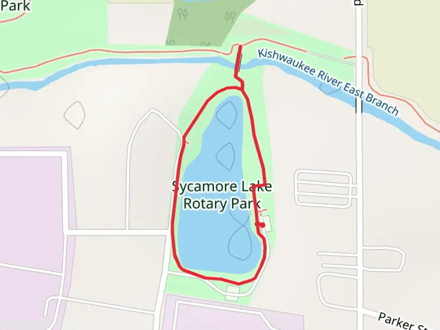 An image depicting the trail Sycamore Lake Rotary Park Loop and its surrounding area.