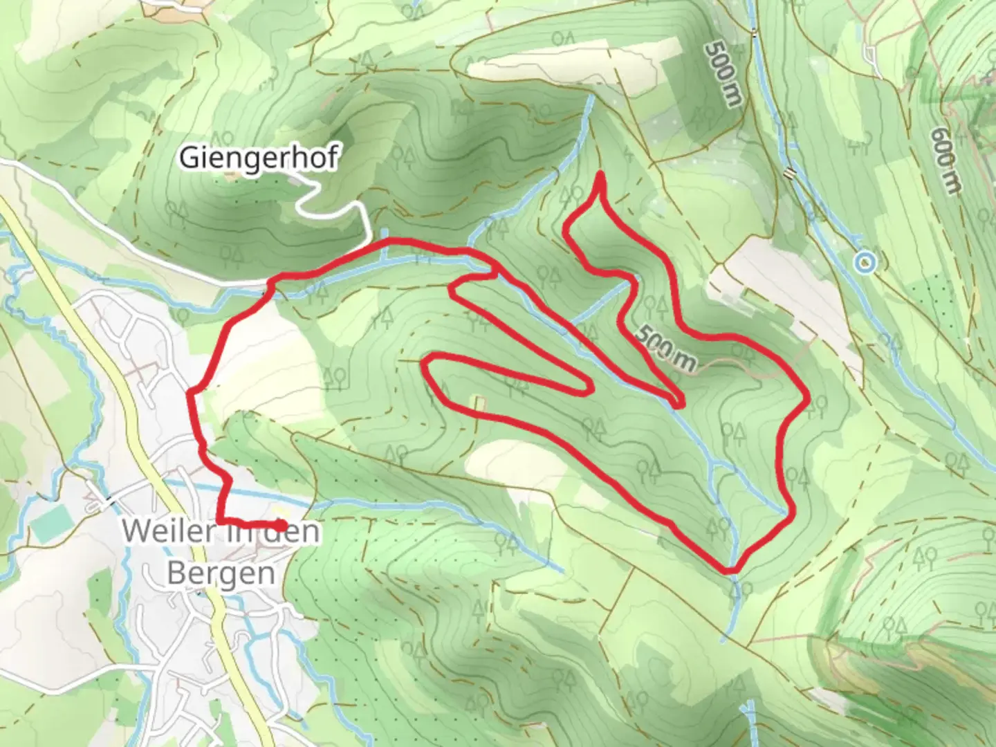 An image depicting the trail Weiler in den Bergen North Loop and its surrounding area.
