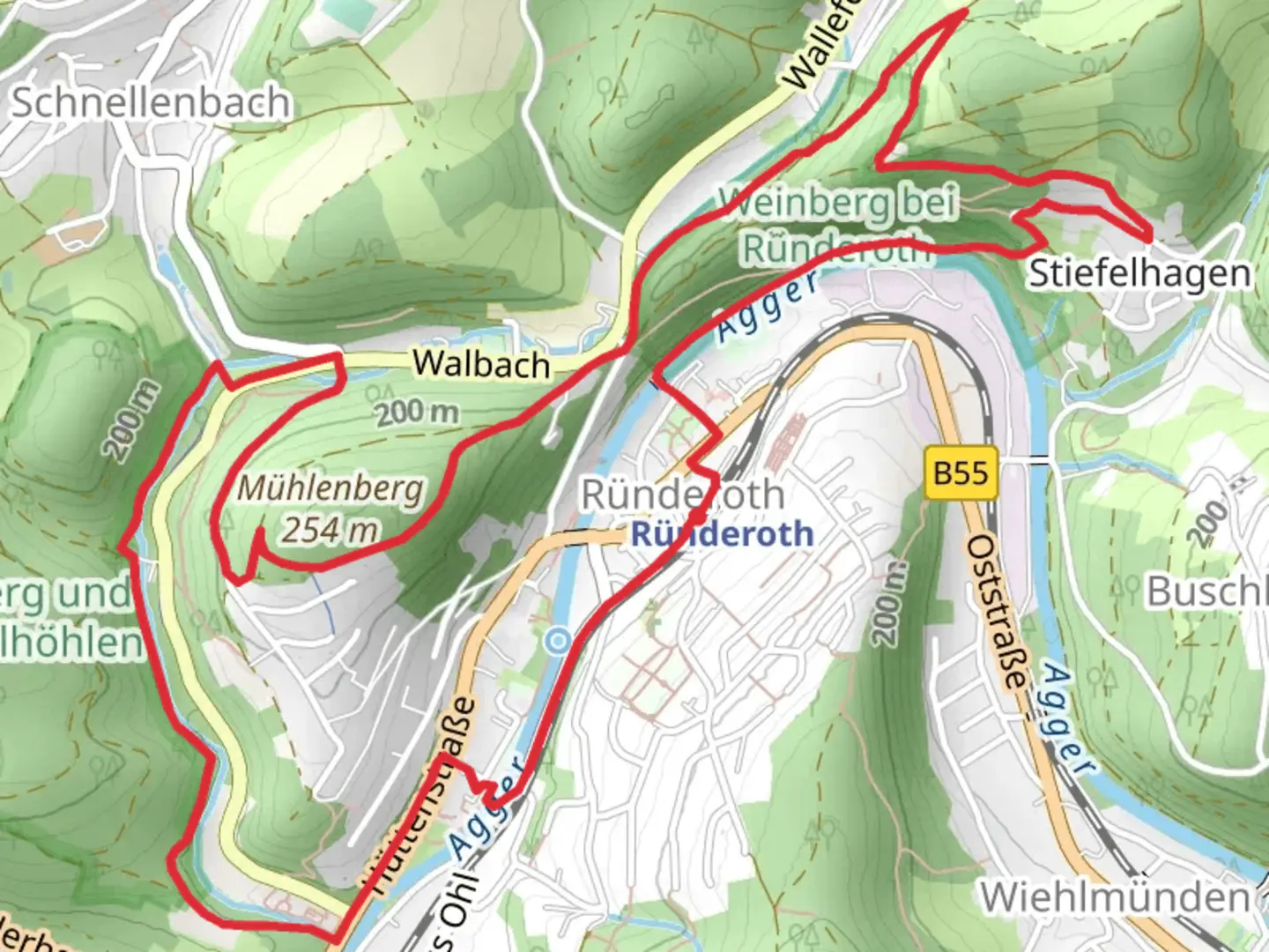 An image depicting the trail Agger via Hoehlenweg and its surrounding area.