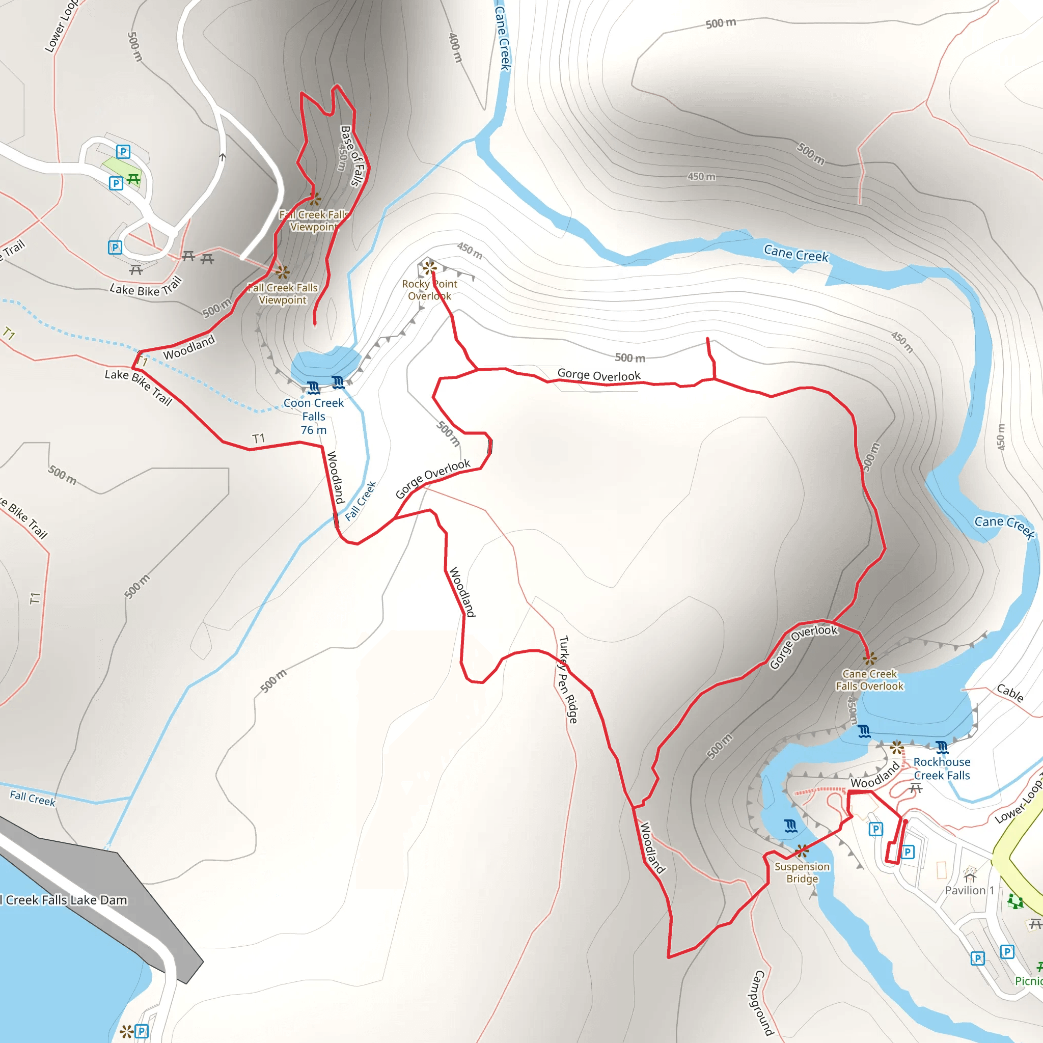 Rocky Point Overlook, Fall Creek and Coon Creek Falls Loop mobile static map
