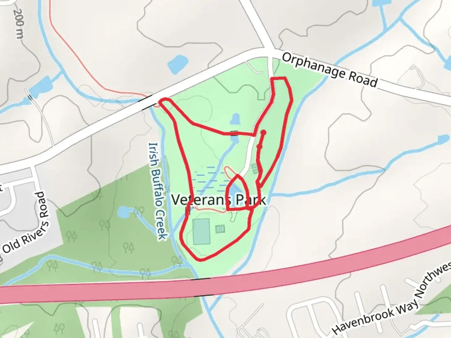 An image depicting the trail Veterans Park Loop and its surrounding area.