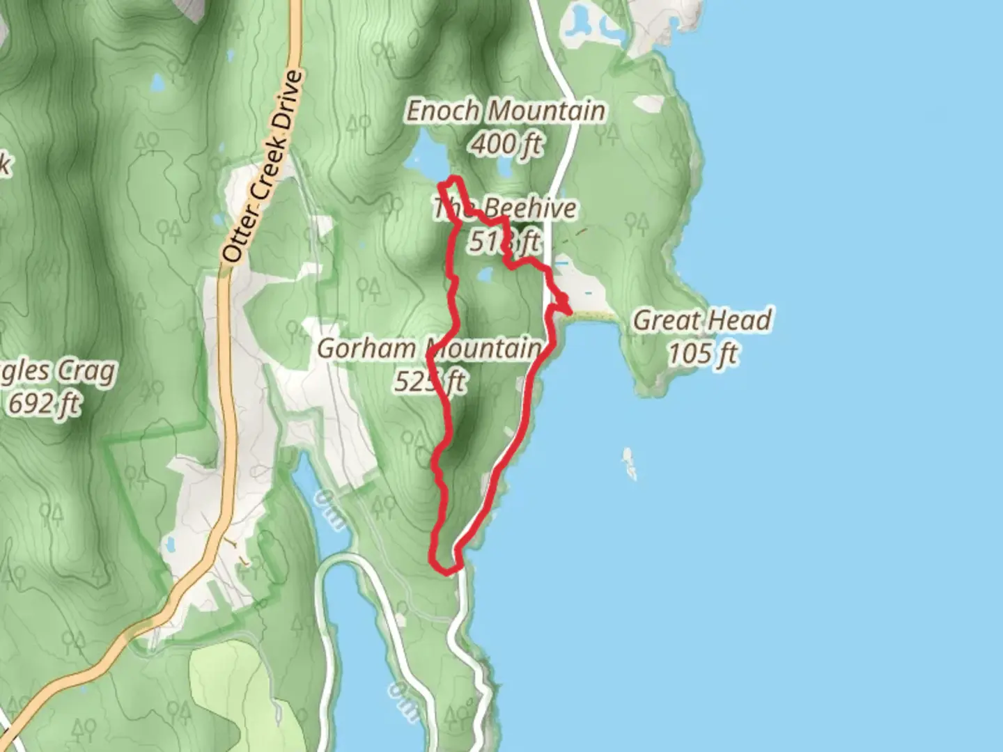 An image depicting the trail Halfway Mountain, The Beehive and Gorham Mountain Loop and its surrounding area.