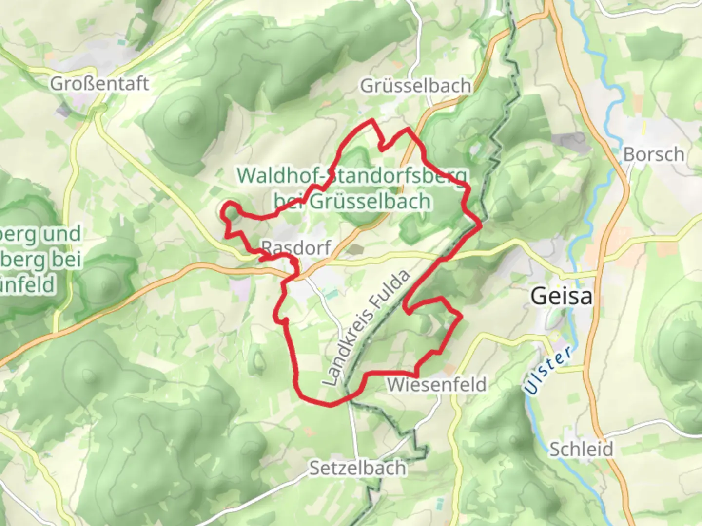 An image depicting the trail Rasdorf Loop via Gehilfersberg and its surrounding area.