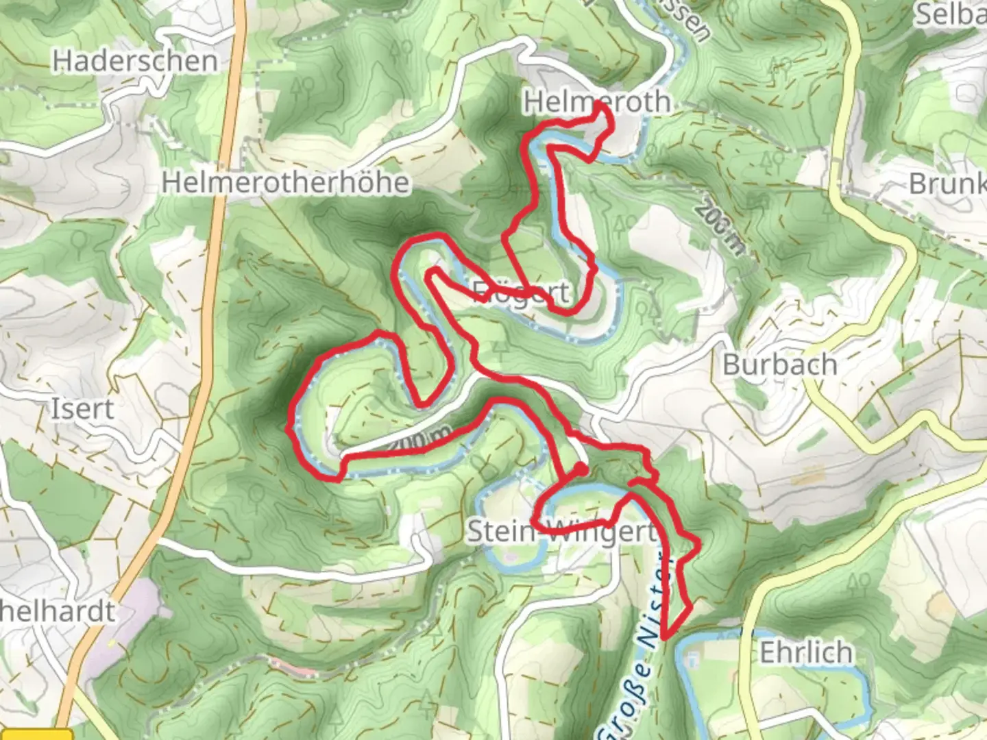 An image depicting the trail Grosse Nister and Stein Ley via Flögerter Weg and its surrounding area.