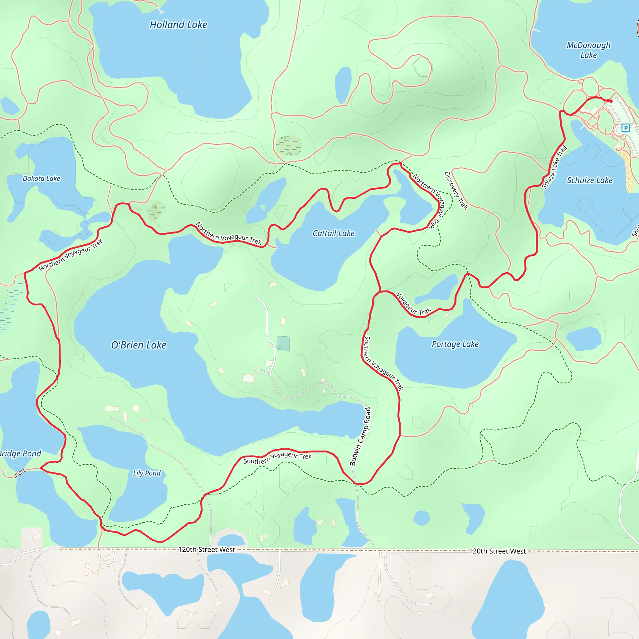 O'Brien Lake, Lily Pond and Cattail Lake Loop via Voyageur Trek mobile static map