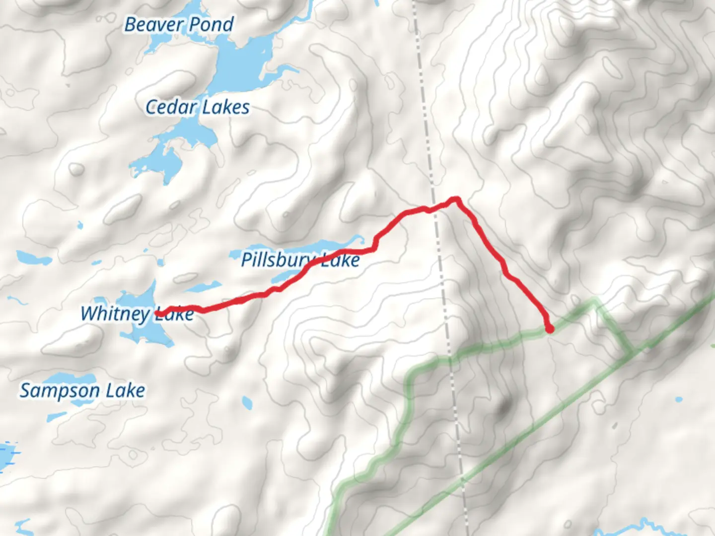 An image depicting the trail Whitney Lake via French Louie Trail and its surrounding area.