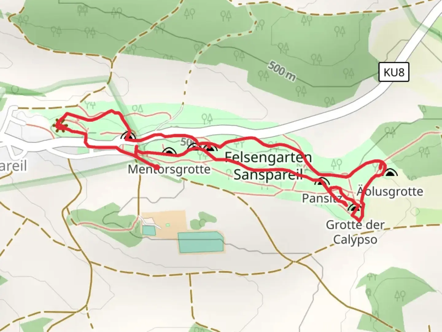 An image depicting the trail Belvedere, Sybillengrotte and Bergfried Loop and its surrounding area.