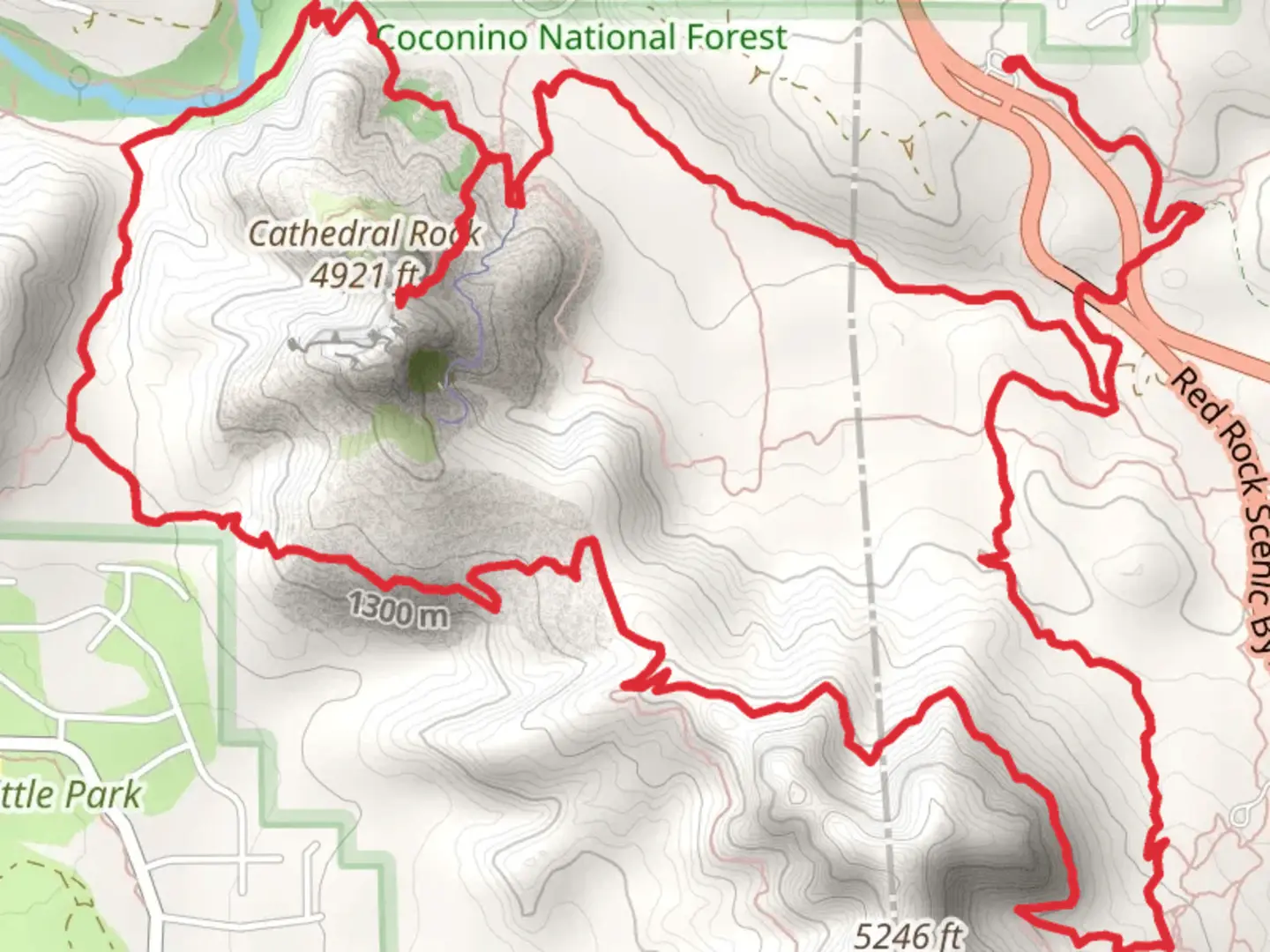 An image depicting the trail Cathedral Rock - Hiline Loop Trail and its surrounding area.