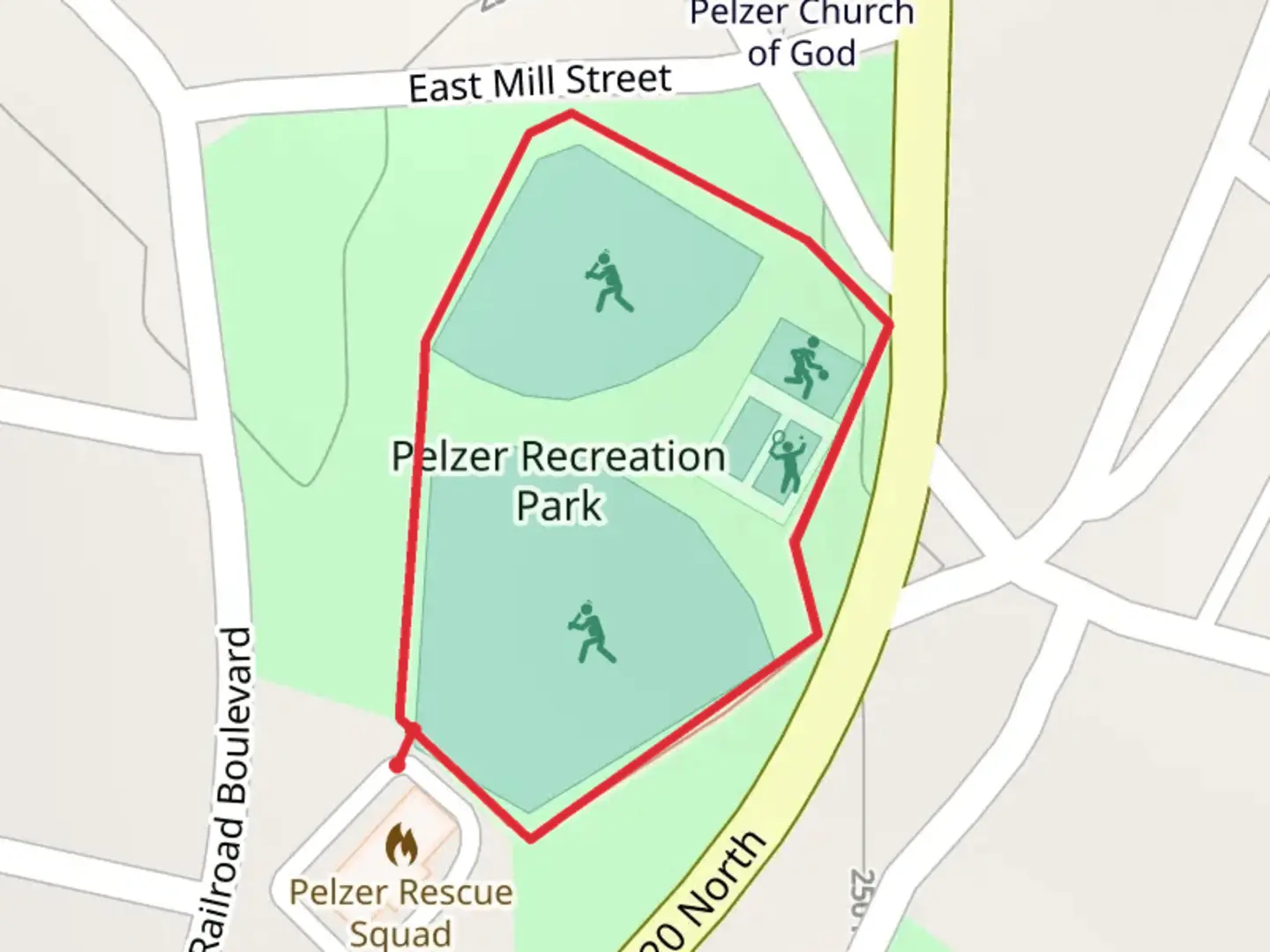 An image depicting the trail Pelzer Recreation Park Loop and its surrounding area.