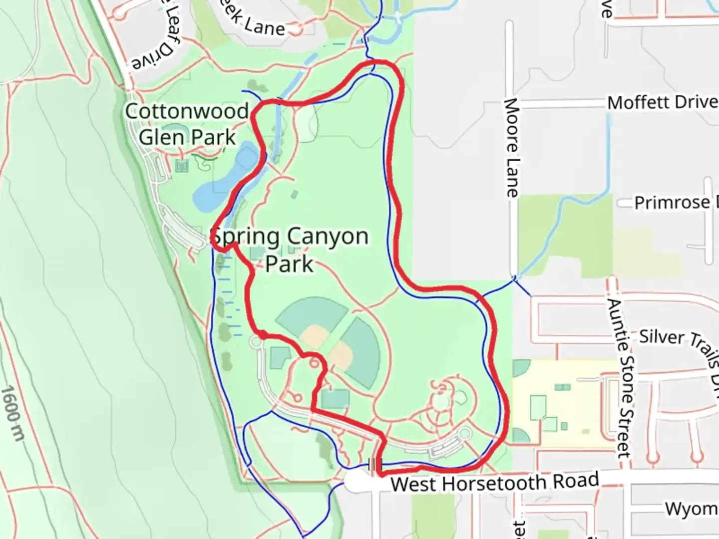 An image depicting the trail Spring Creek Park Loop Trail and its surrounding area.