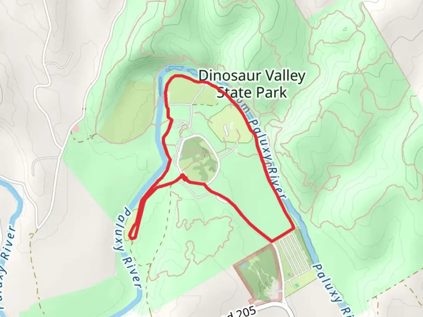An image depicting the trail Blue Hole Trail and Paluxy River Trail Loop and its surrounding area.