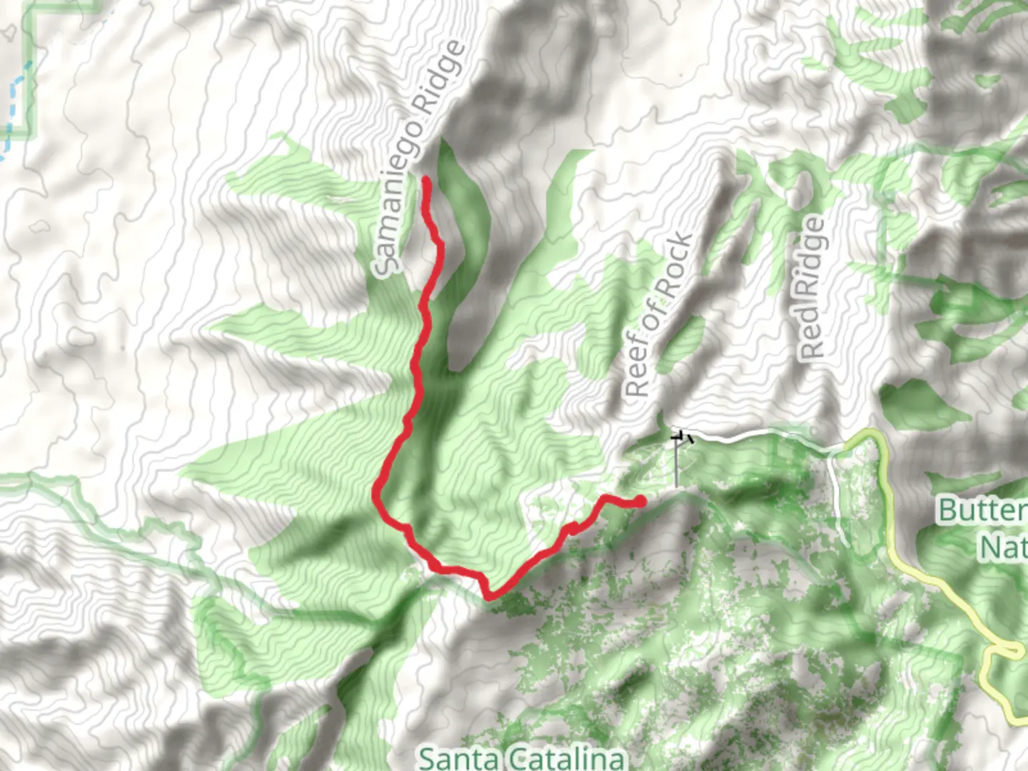 An image depicting the trail Samaniego Ridge from East Ski Run Road and its surrounding area.