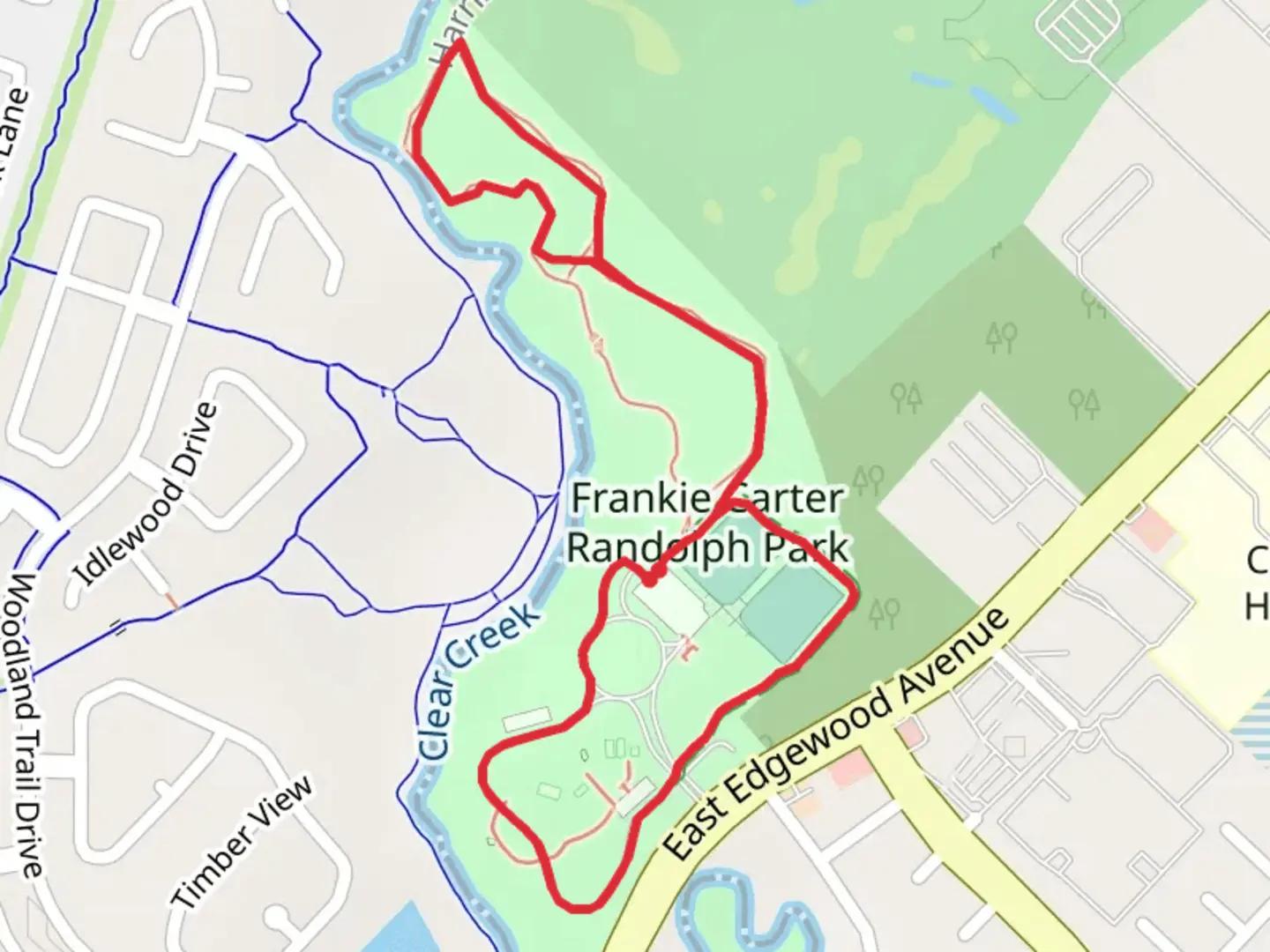 An image depicting the trail Frankie Carter Randolph Park Loop and its surrounding area.