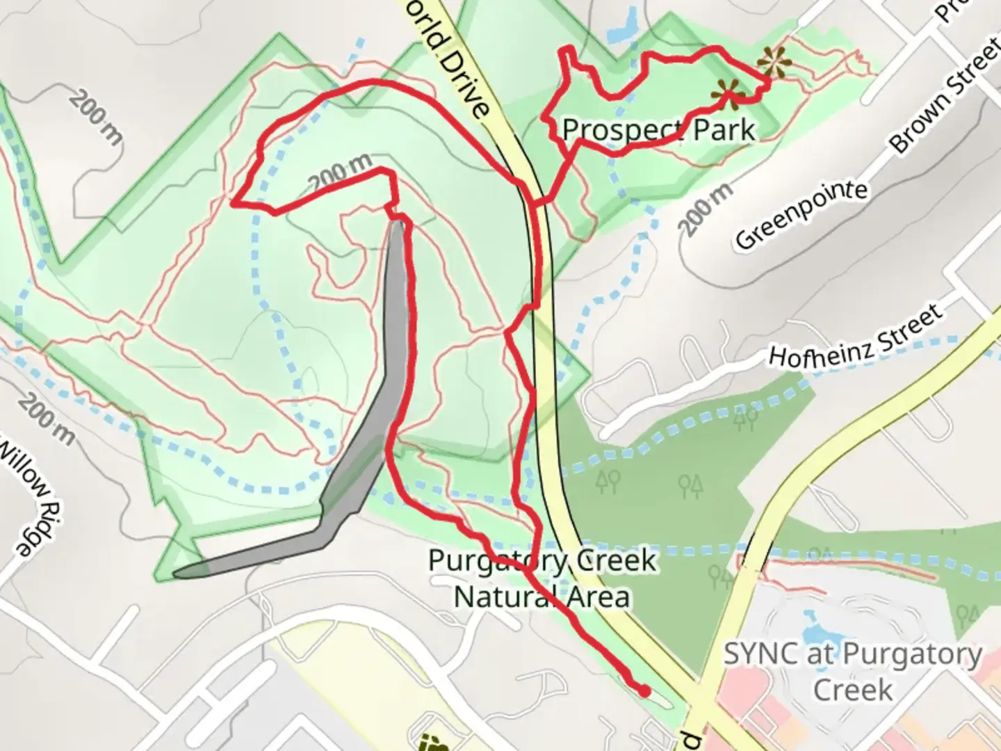 An image depicting the trail Lower Purgatory Creek Greenspace Trail and Prospect Park Loop and its surrounding area.