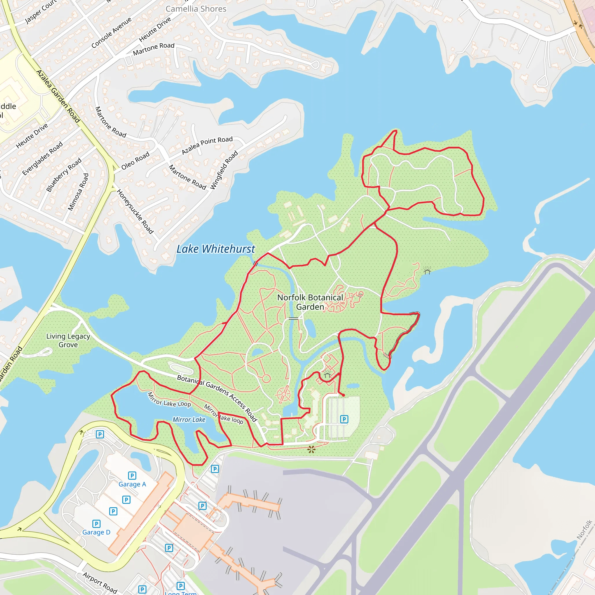 Norfolk Botanical Garden and Mirror Lake Loop mobile static map