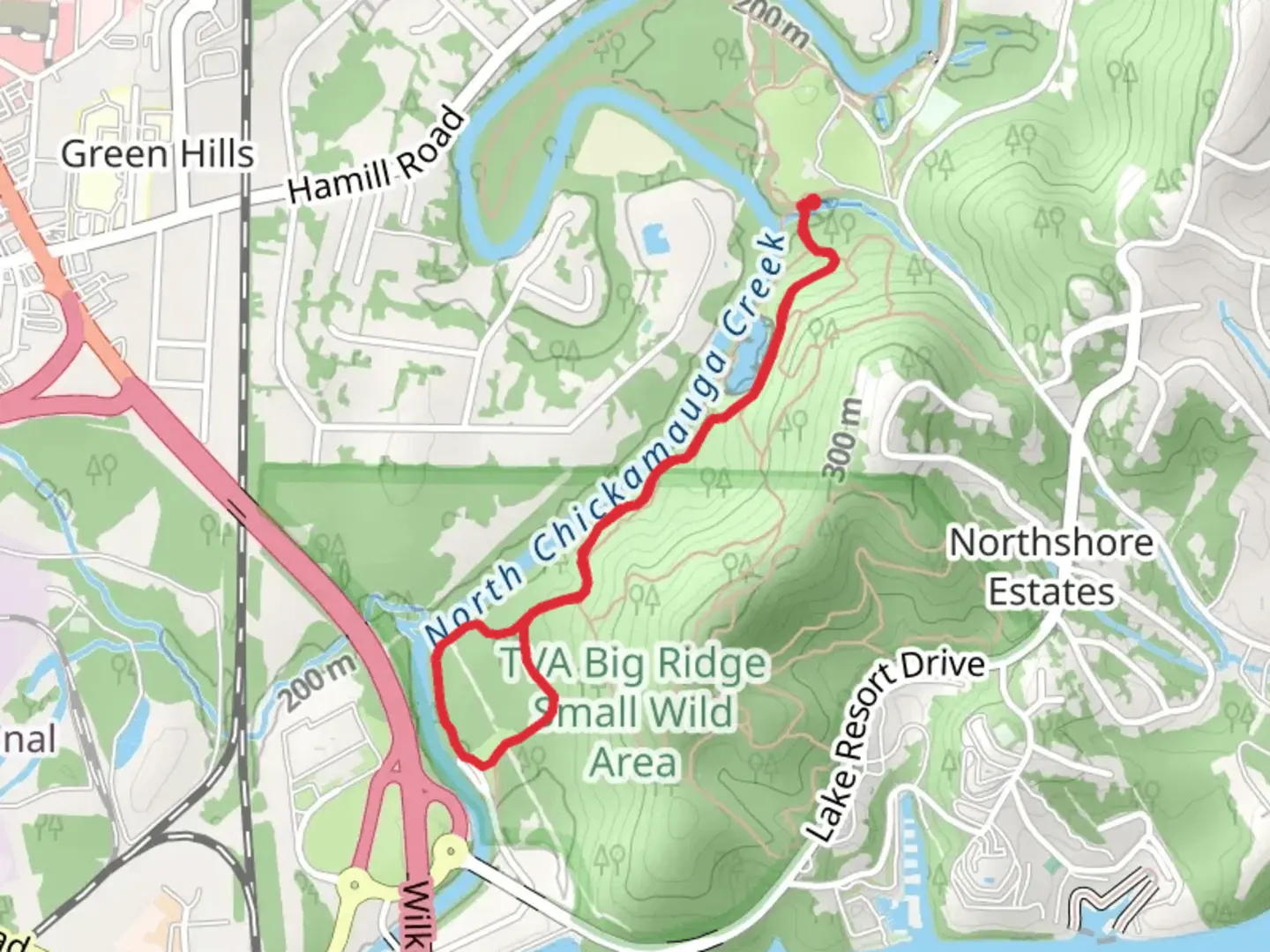 An image depicting the trail Loop along North Chickamauga Creek - Greenway Farms and its surrounding area.