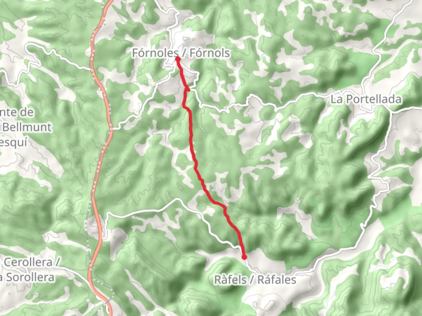 An image depicting the trail Camino Ráfales - Fórnoles PR TE 159 and its surrounding area.