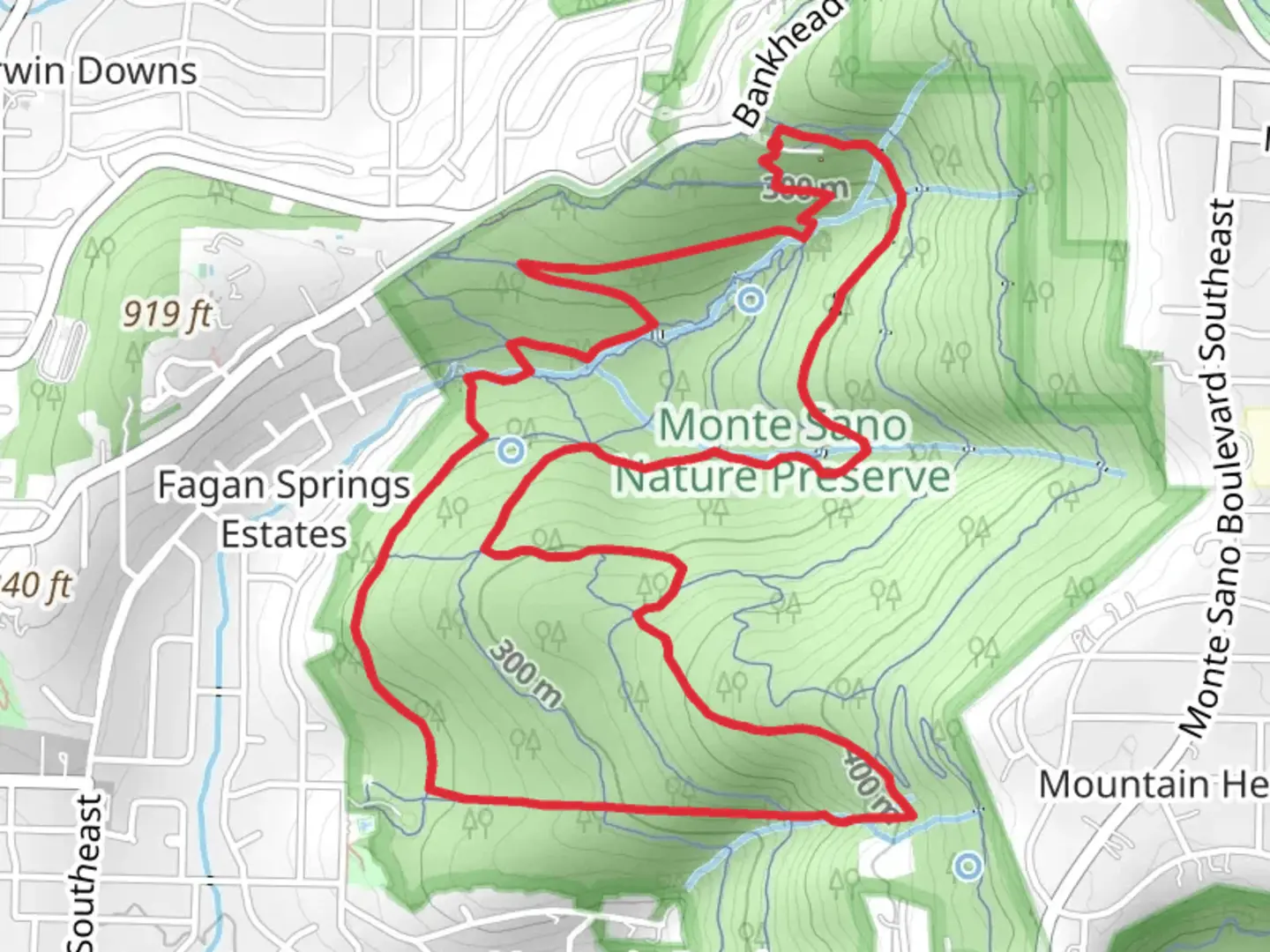 An image depicting the trail Alms House and Bluffline Loop Trail and its surrounding area.